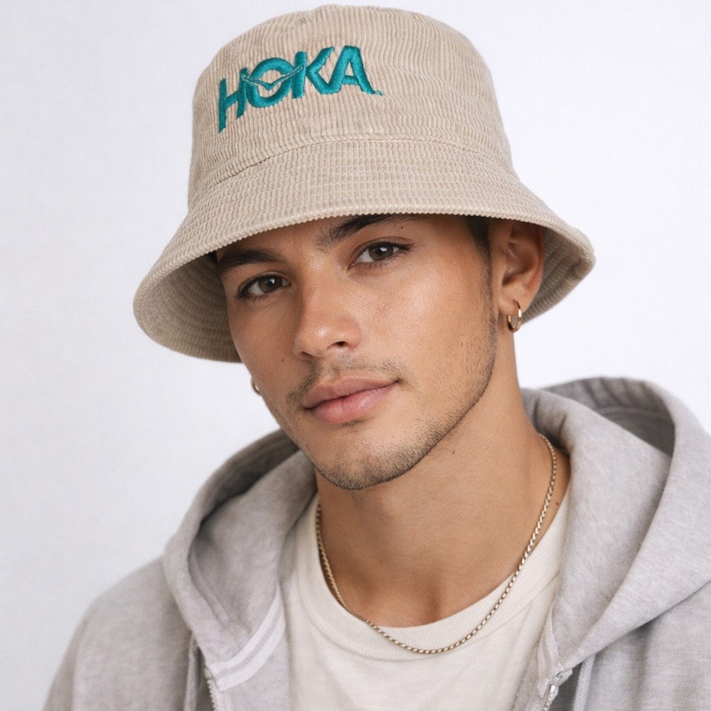 HOKA One Size Bucket Hat Summer Mile Club Corduroy Embroidered Cream Teal Grunge